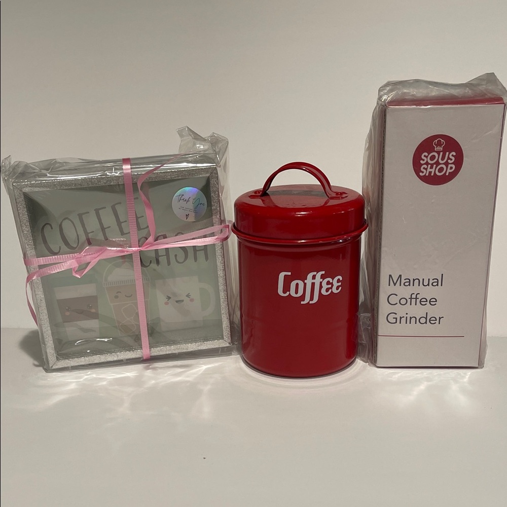 Coffee NEW gift set bundle coffee red canister money bank coffee manual grinder